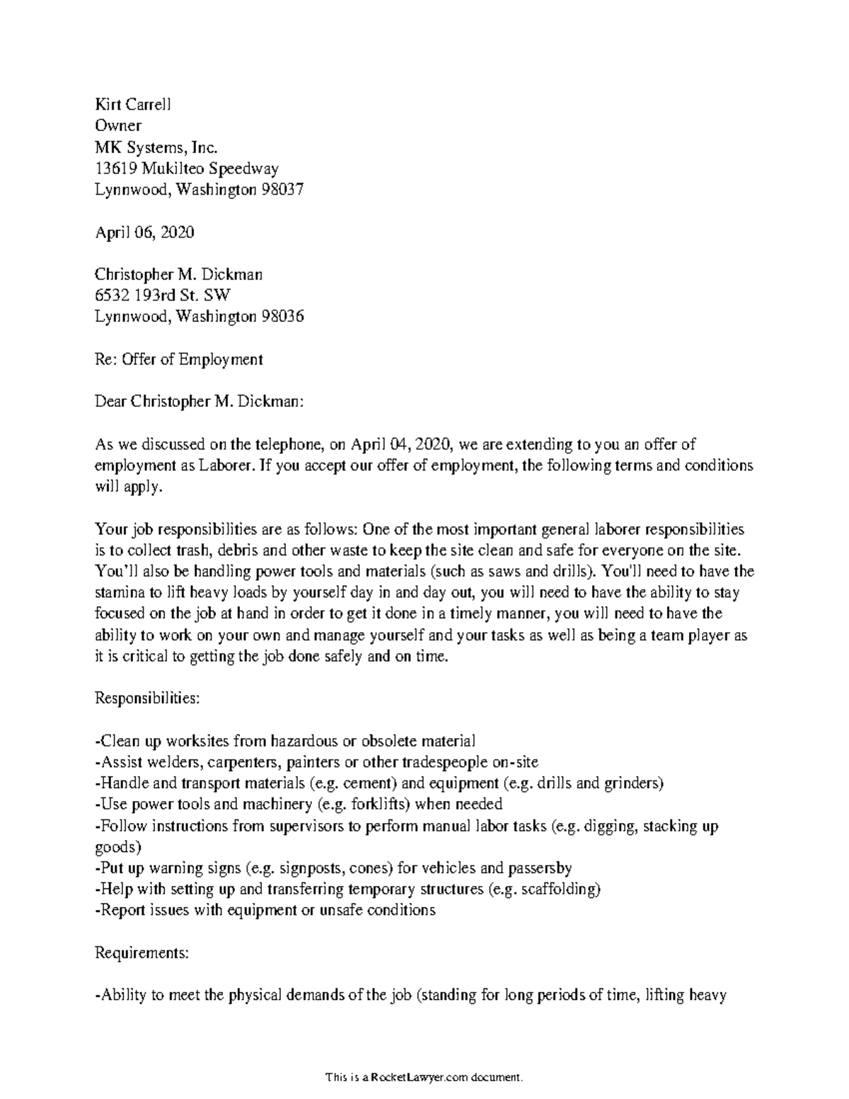 Employment Offer Letter (2) - Kirt Carrell Owner MK Systems, Inc. 13619 ...