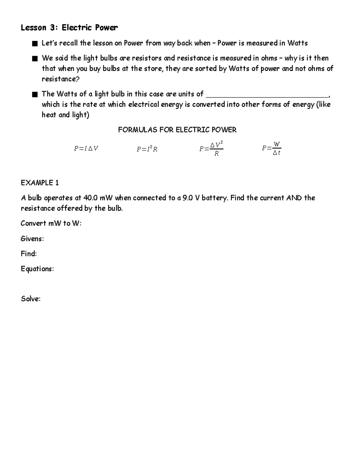 Electric Current And Circuits Lesson 3 And 4 Notes - Lesson 3: Electric ...