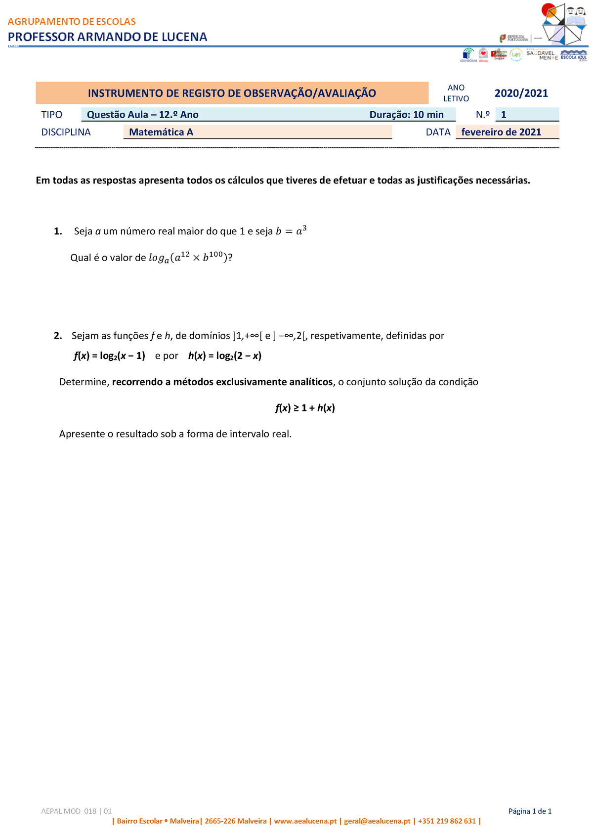 QA1 V3 - Questão Aula Para Estudar Matemática 11ºano - AEPAL MOD 018 ...