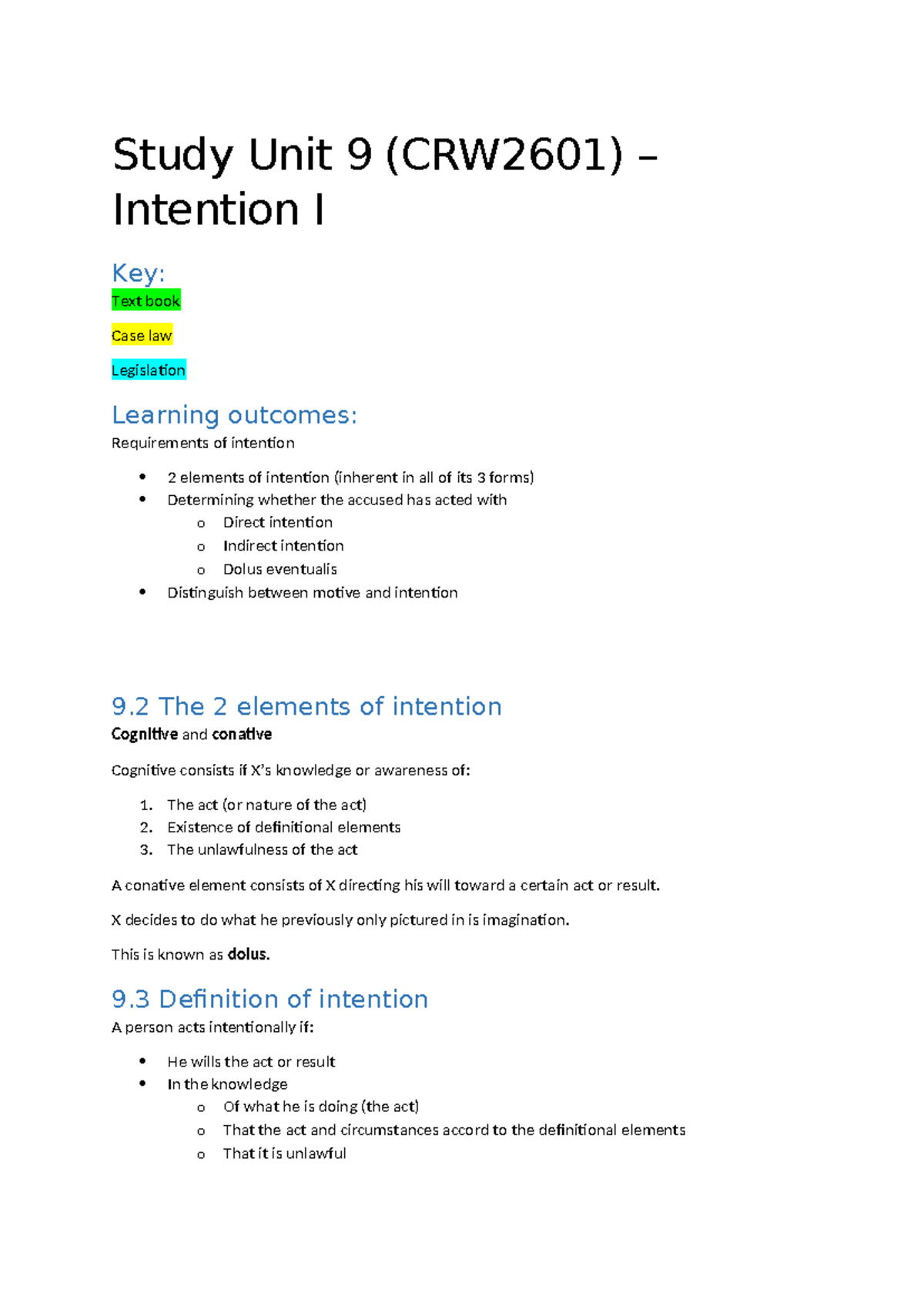 CRW2601 Study Unit 9 Intention I - Study Unit 9 (CRW2601) – Intention I ...