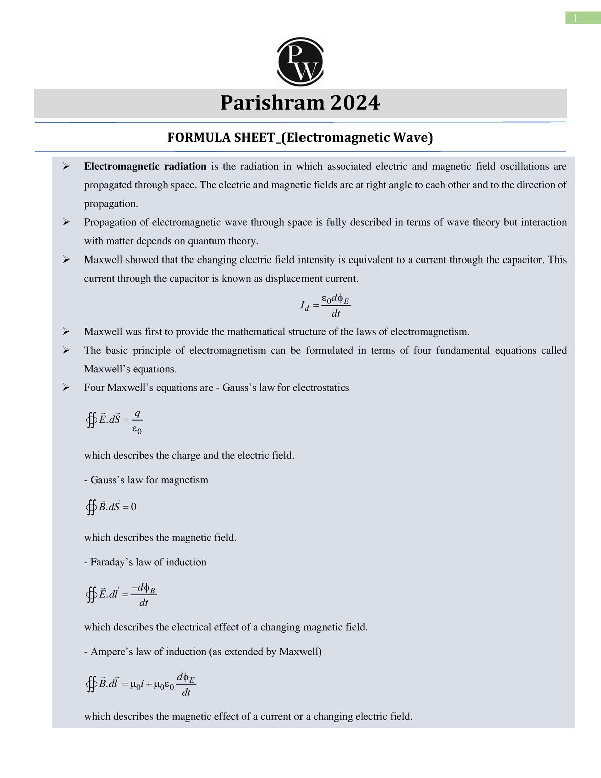 Waves Formula Sheet Parishram 2024 Parishram 2024