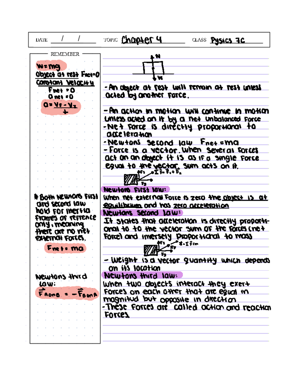Midterm #2-Chapter 4 - DATE TOPIC CLASS REMEMBER Chapter 4 Pysics 7C ...