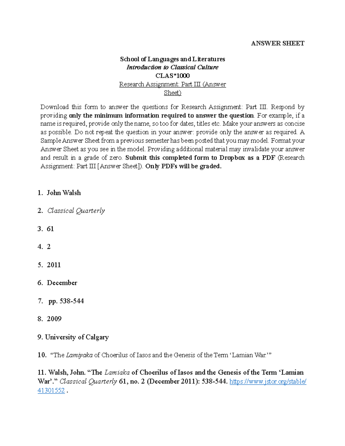 Research Assignment Part III Answer Sheet - ANSWER SHEET School of ...