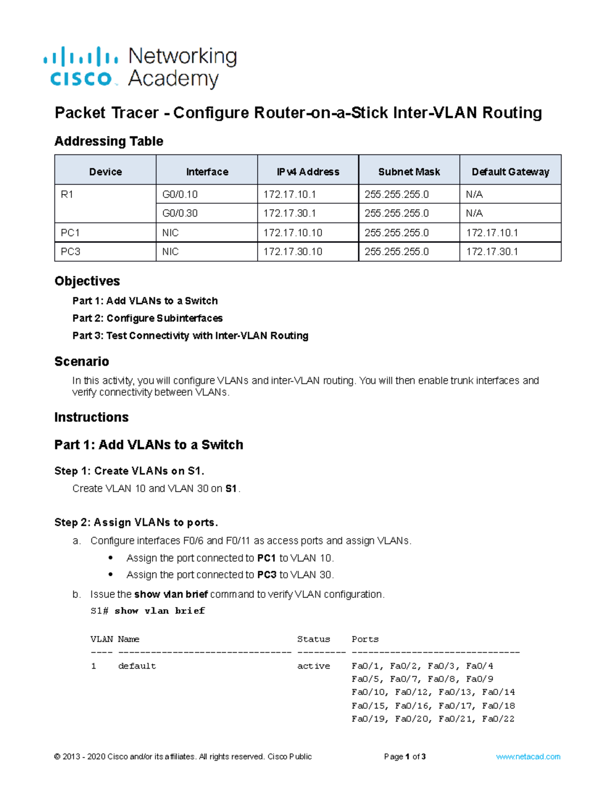 13.A.2a PT Configure Inter-VLAN Routing - Packet Tracer - Configure ...