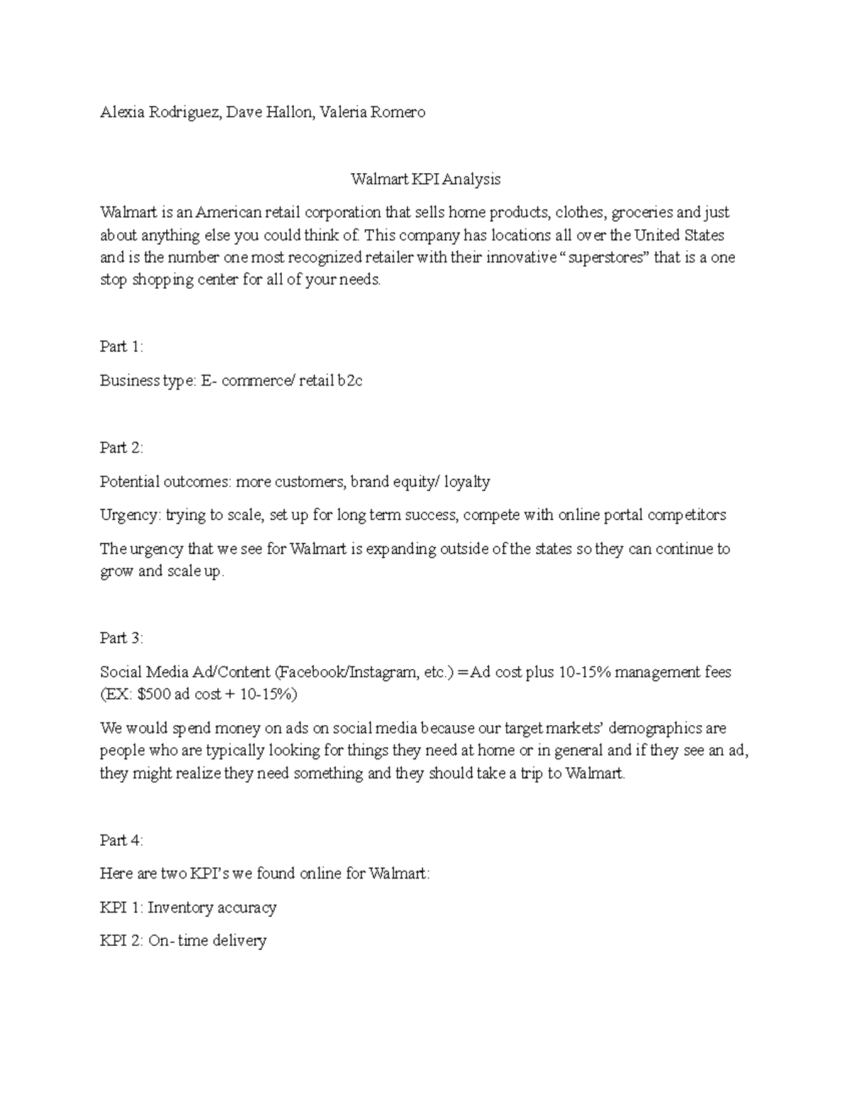 Walmart KPI - kpi assignment for businesses - Alexia Rodriguez, Dave ...