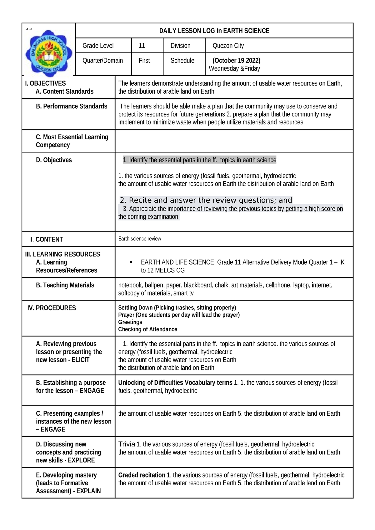 DLL- Earthsci OCT19 LJEreview - 11 DAILY LESSON LOG in EARTH SCIENCE ...