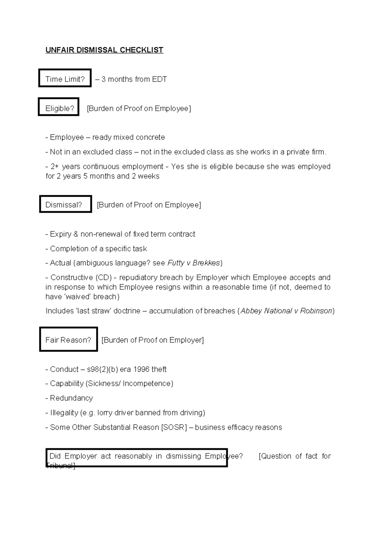 Unitb 5b - unfair Dismissal Checklist - UNFAIR DISMISSAL CHECKLIST Time ...