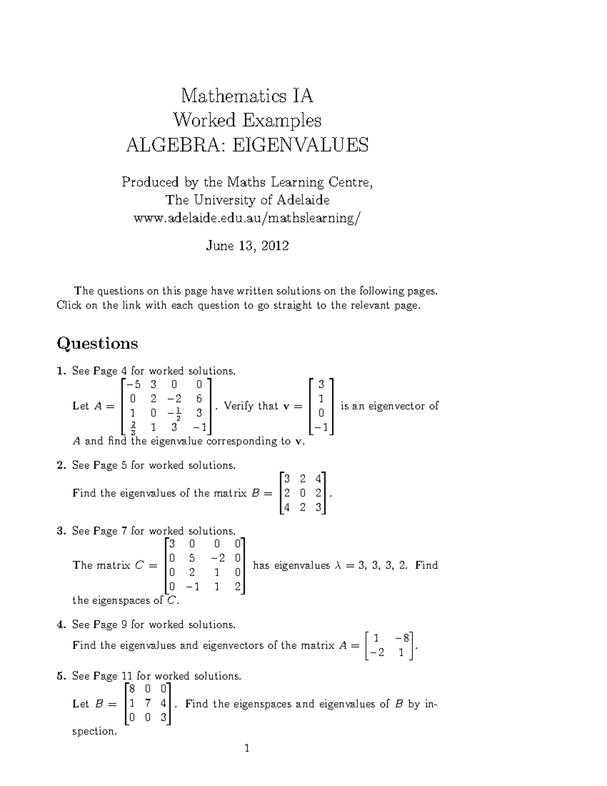 Lecture notes, lecture Examples Alg Eigen - Mathematics IA Worked ...
