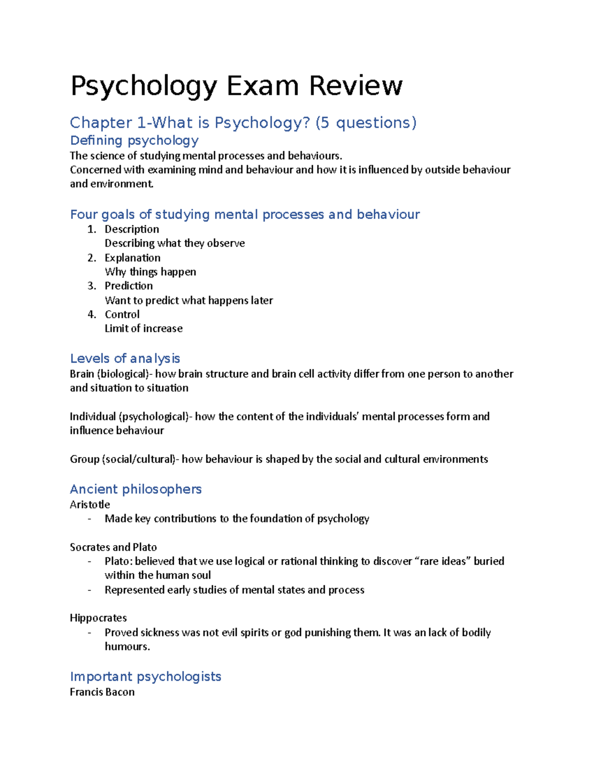 PS101 Introduction To Psychology Exam Review - Psychology Exam Review ...