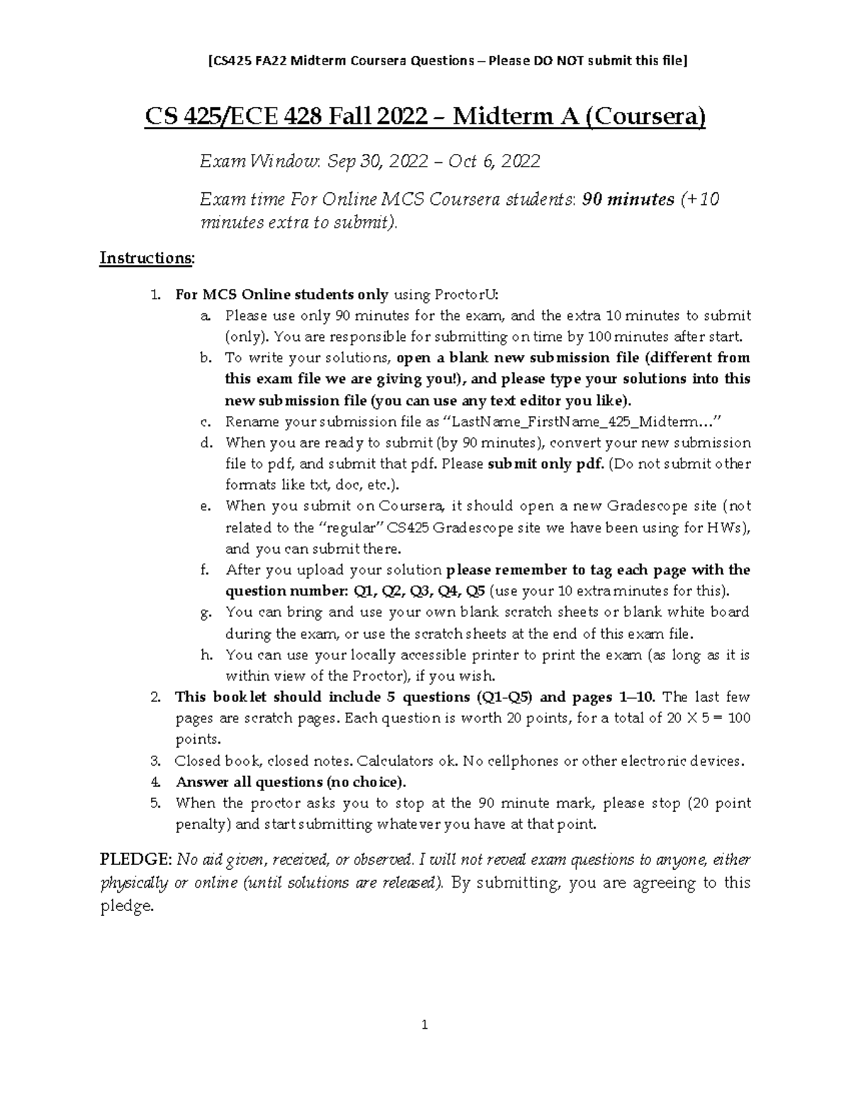 CS425 Midterm F22 - CS 425 /ECE 428 Fall 20 22 – Midterm A (Coursera ...