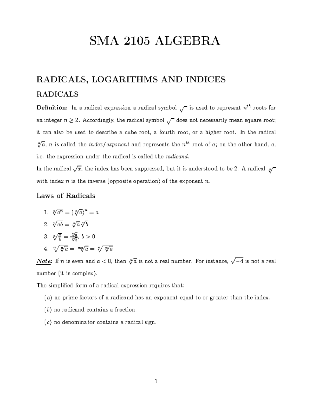 SMA 2105 Algebra Note 1 - This are notes that will help you get better ...