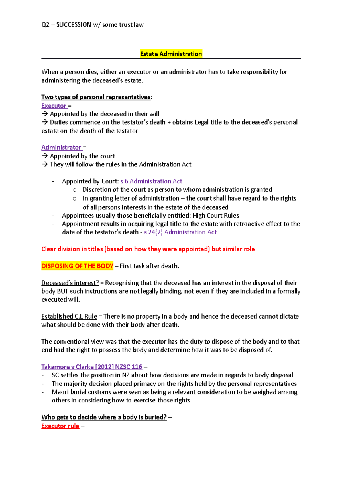 Succession notes - Estate Administration When a person dies, either an ...