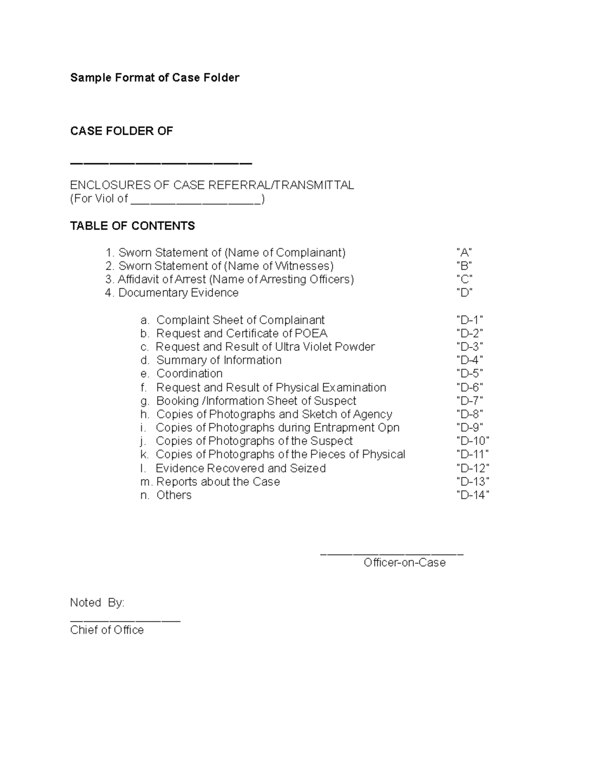 Sample Format of Case Folder - Complaint Sheet of Complainant “D-1” b ...
