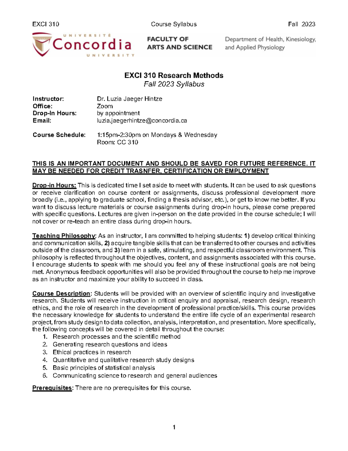 EXCI 310- Course outline Fall 2023 - EXCI 310 Research Methods Fall ...