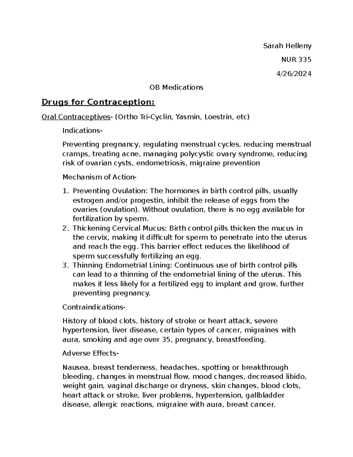 OB Medications Summary - Sarah Helleny NUR 335 4/26/ OB Medications ...