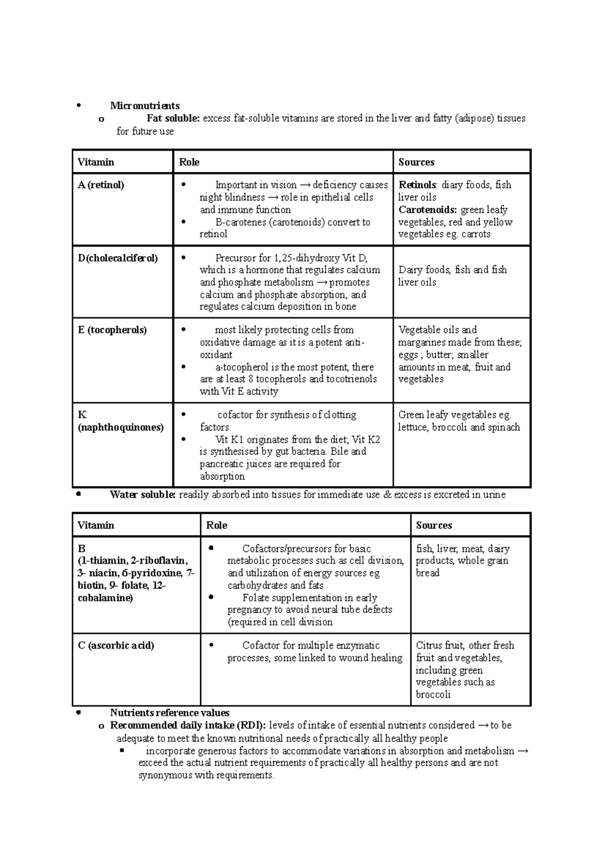 Micronutrition - Notes - Micronutrients o Fat soluble: excess fat ...