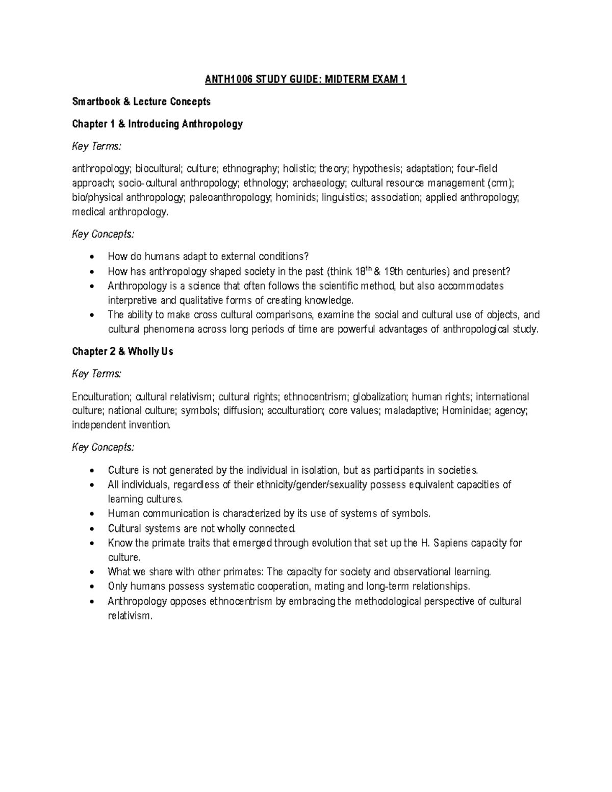 ANTH1006 Study Guide Midterm 1 - ANTH 1006 - UConn - Studocu