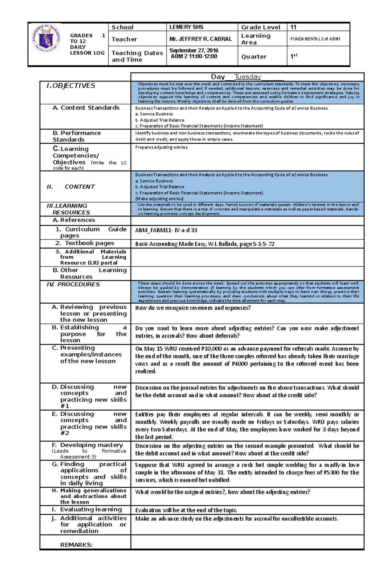 Week13-a-abm2 - DLL - GRADES 1 TO 12 DAILY LESSON LOG School LEMERY SHS ...