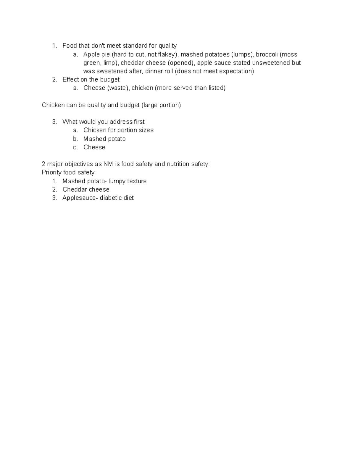 Practice exam question Food that don't meet standard for quality a