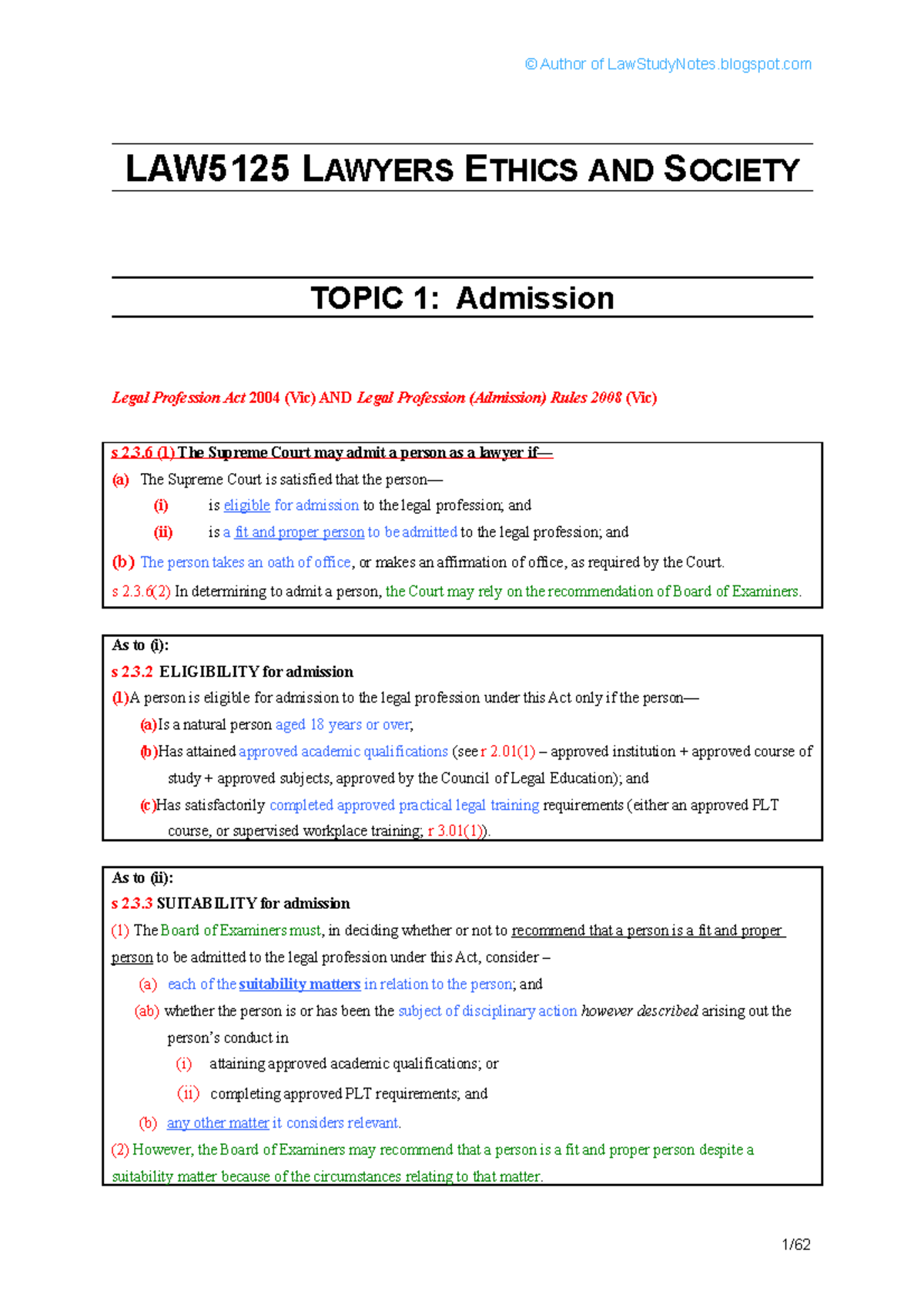 LAW5125 Lawyers, Ethics and Society LAW5125 LAWYERS ETHICS AND SOCIETY TOPIC 1 Admission