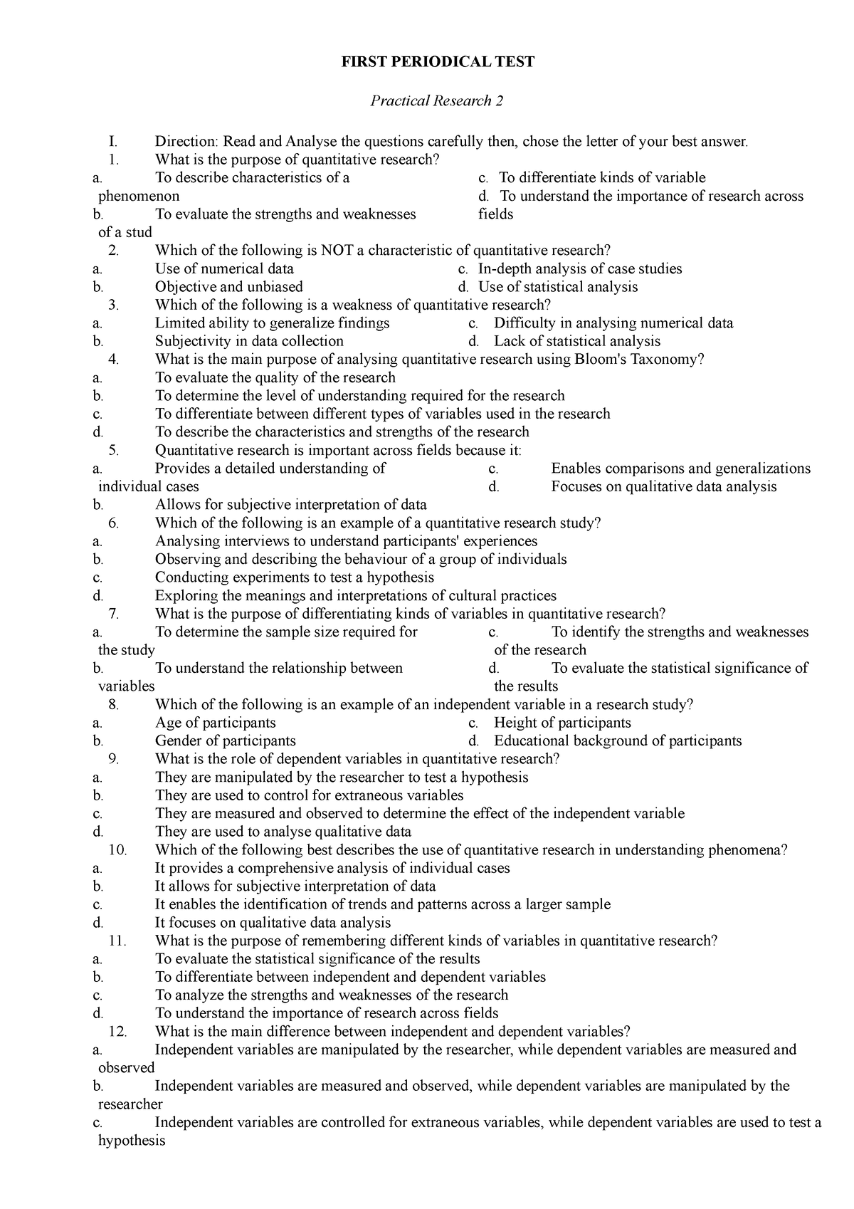 Periodical test - sets of test questions - FIRST PERIODICAL TEST ...