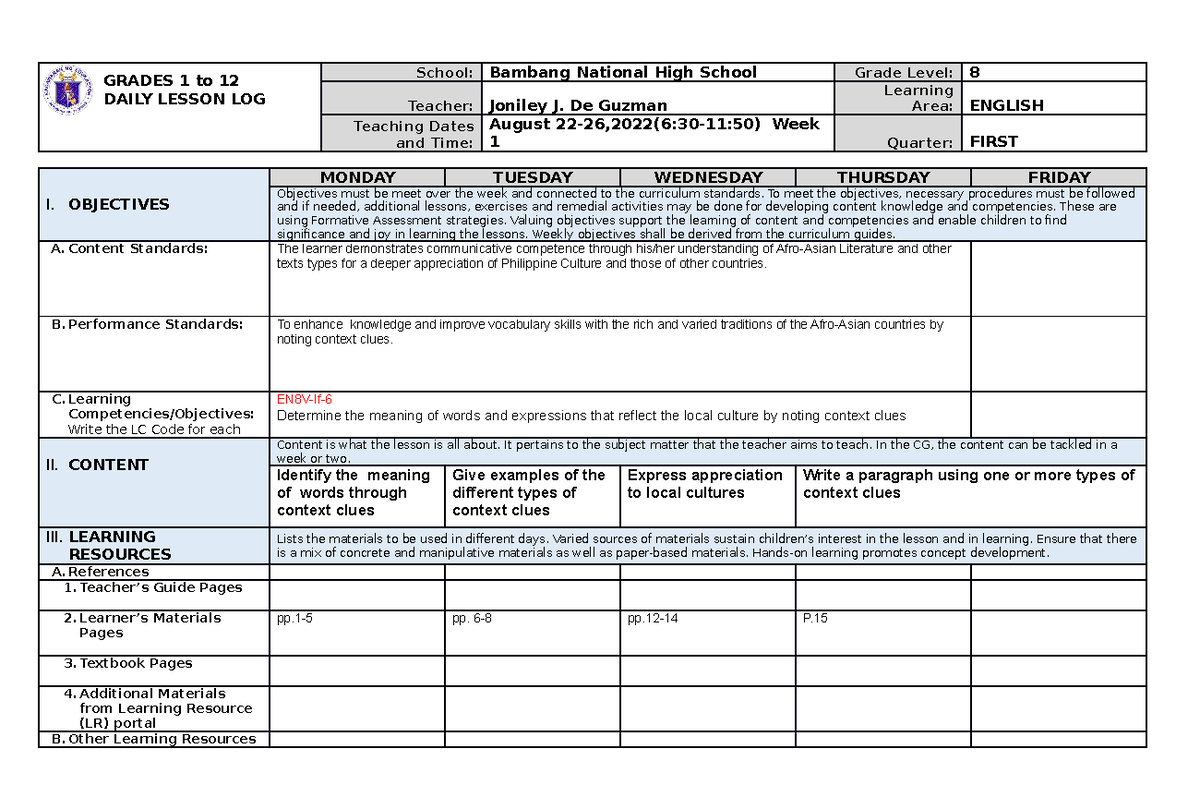 DLL 2023 1STQ W1 - This is a summary and a lesson plan - GRADES 1 to 12 ...