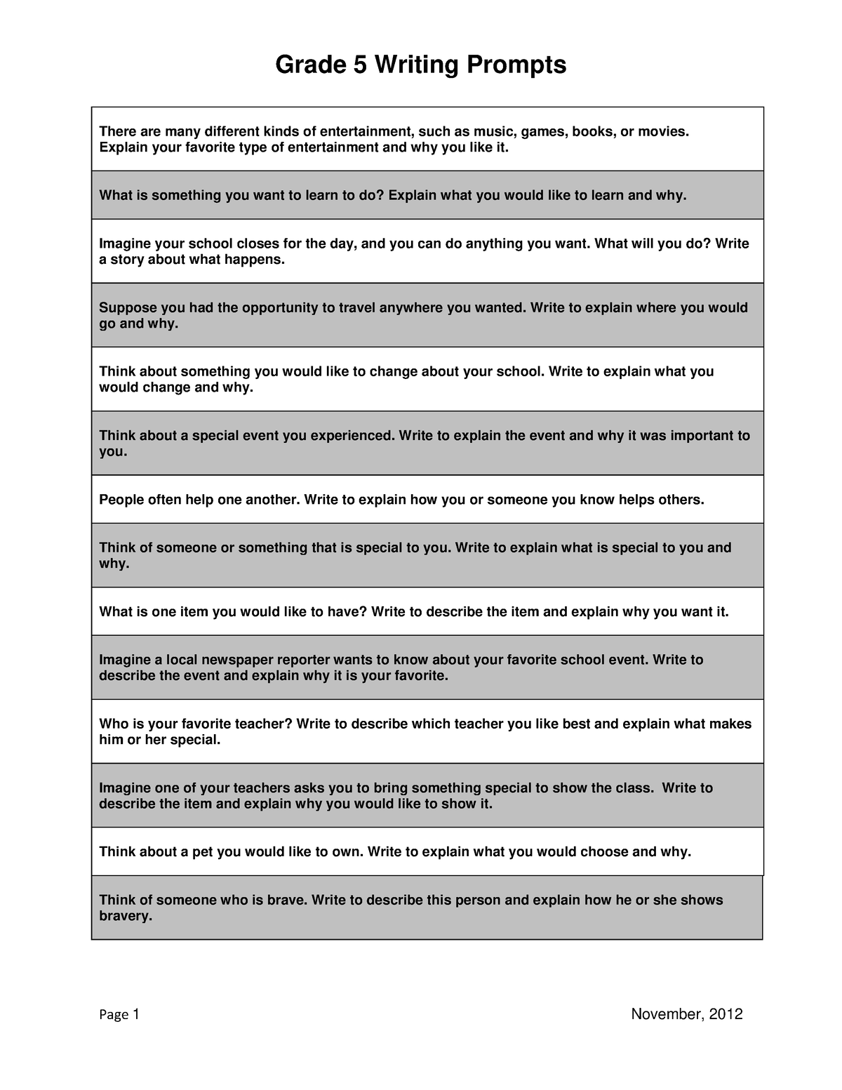 Gr 5 Writing Prompts To Help The Students To Understand There Are