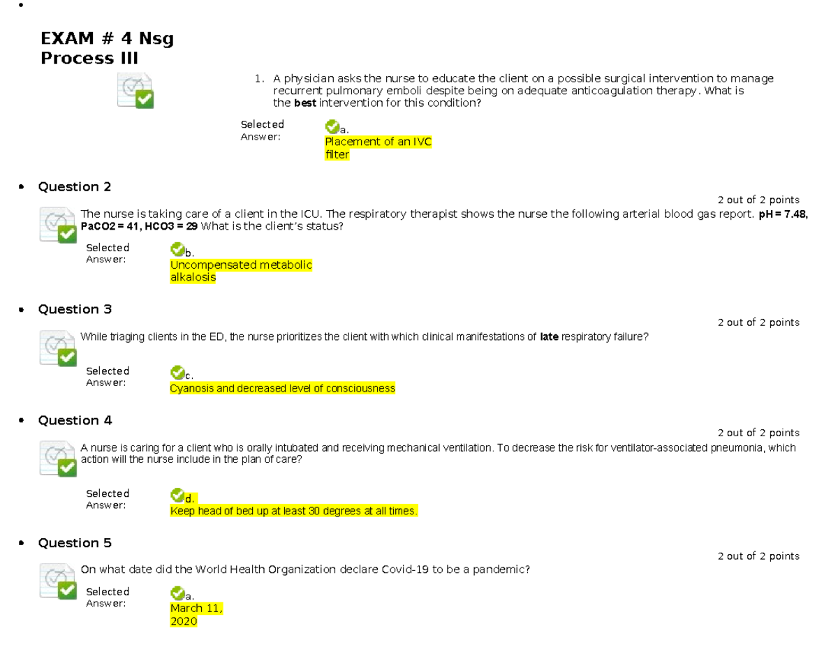 Exam 4 Nsg Process III Revised - EXAM # 4 Nsg Process III 1. A ...