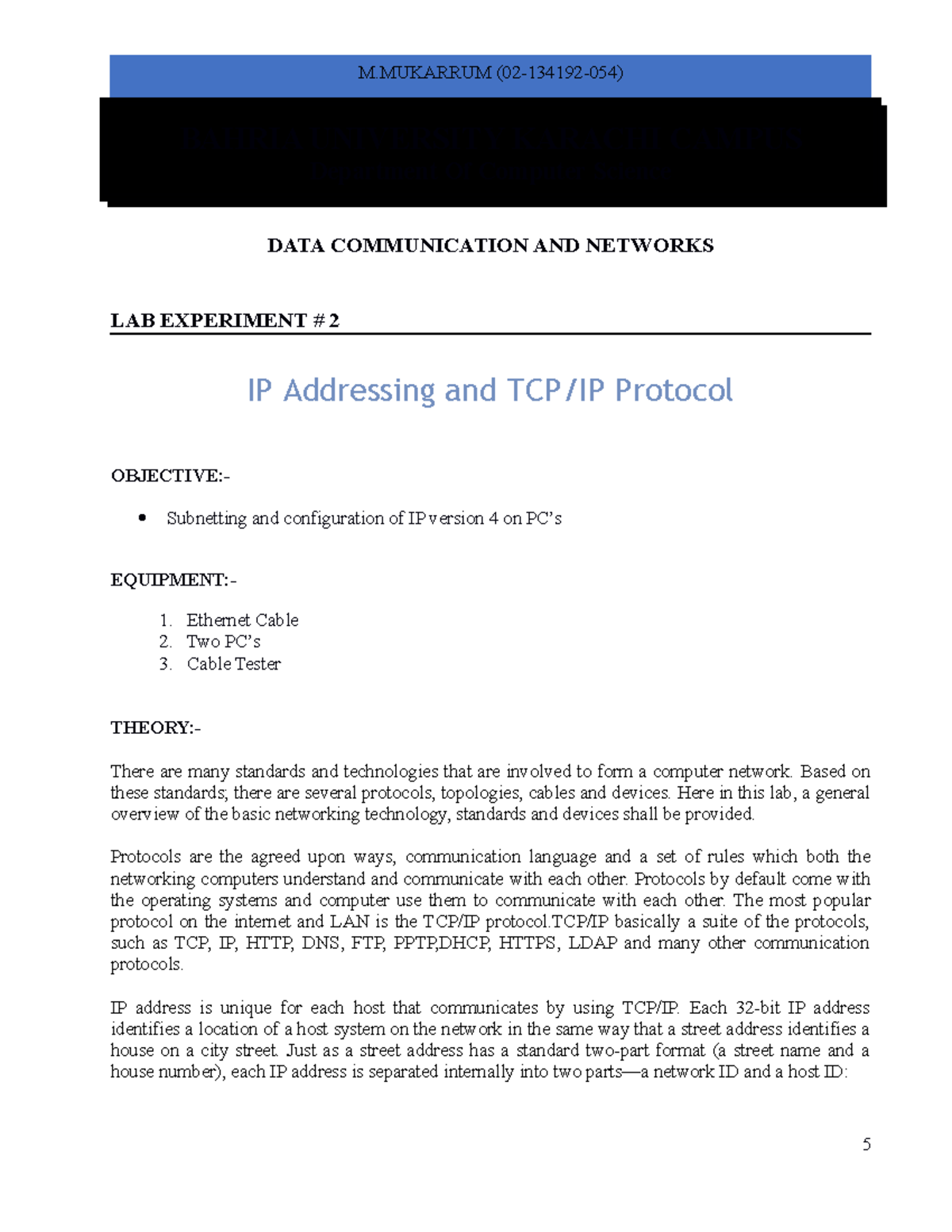 Lab 2 IP addressing - DCN - BAHRIA UNIVERSITY KARACHI CAMPUS Department ...