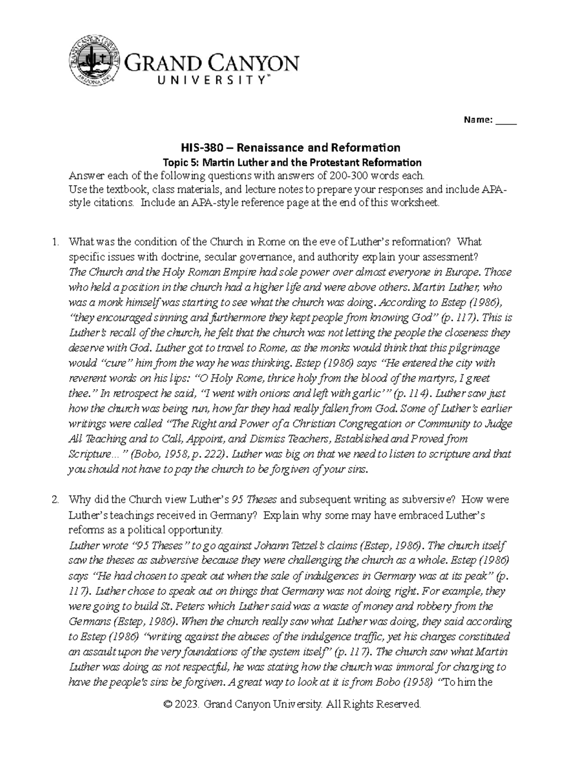 T5Martin Luther and the Protestant Reformation Worksheet Name ____ HIS380 Renaissance and