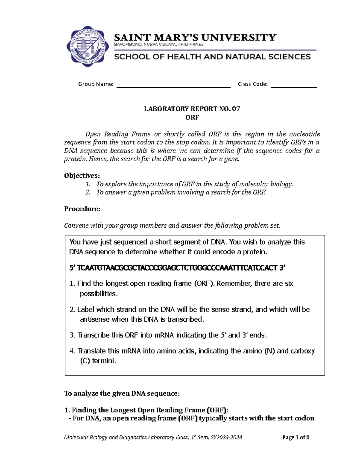 Laboratory Report No 07 - Group Name: Class Code: LABORATORY REPORT NO ...