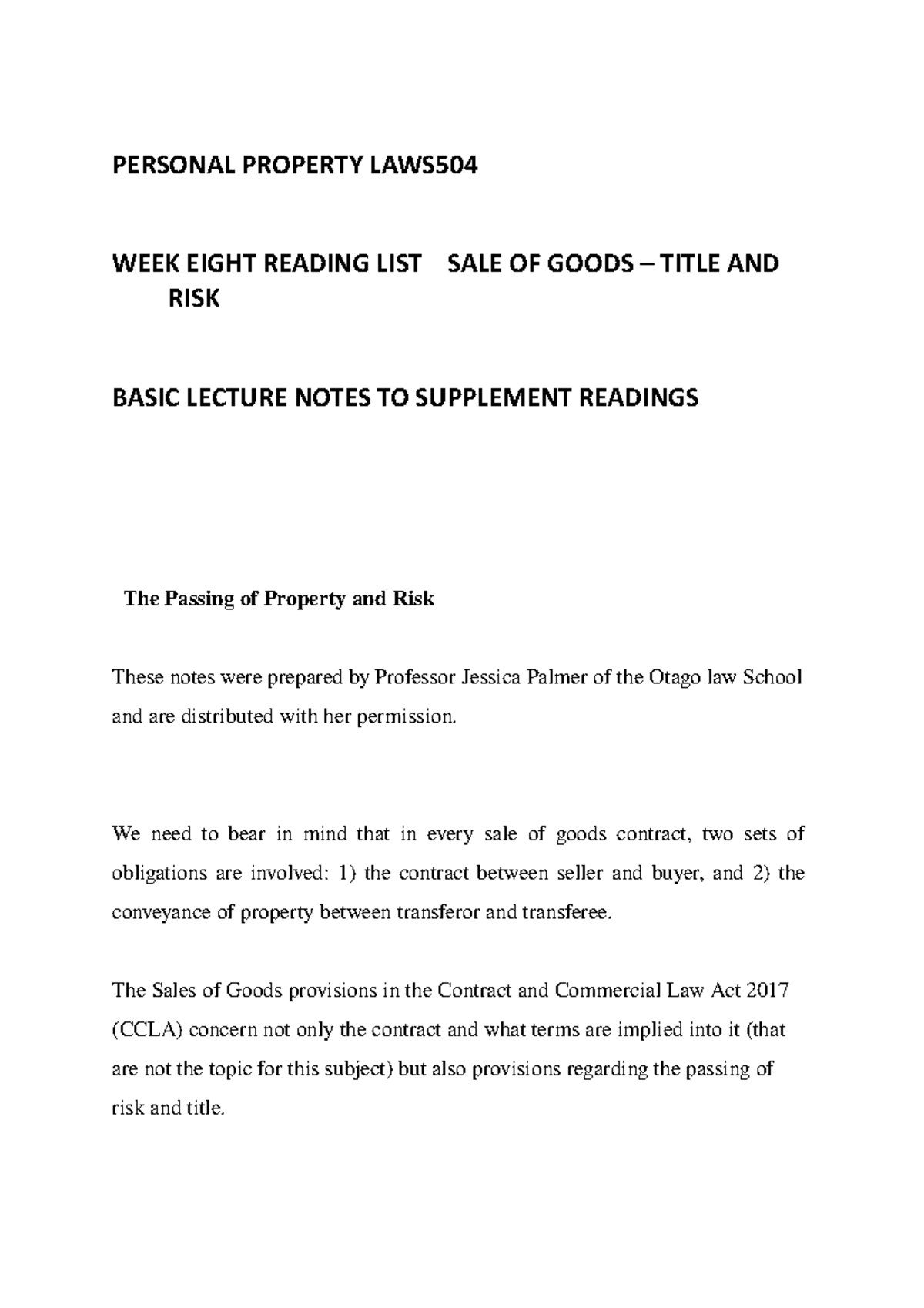 LAWS504 Personal Property Notes ON SALE OF Goods - PERSONAL PROPERTY ...