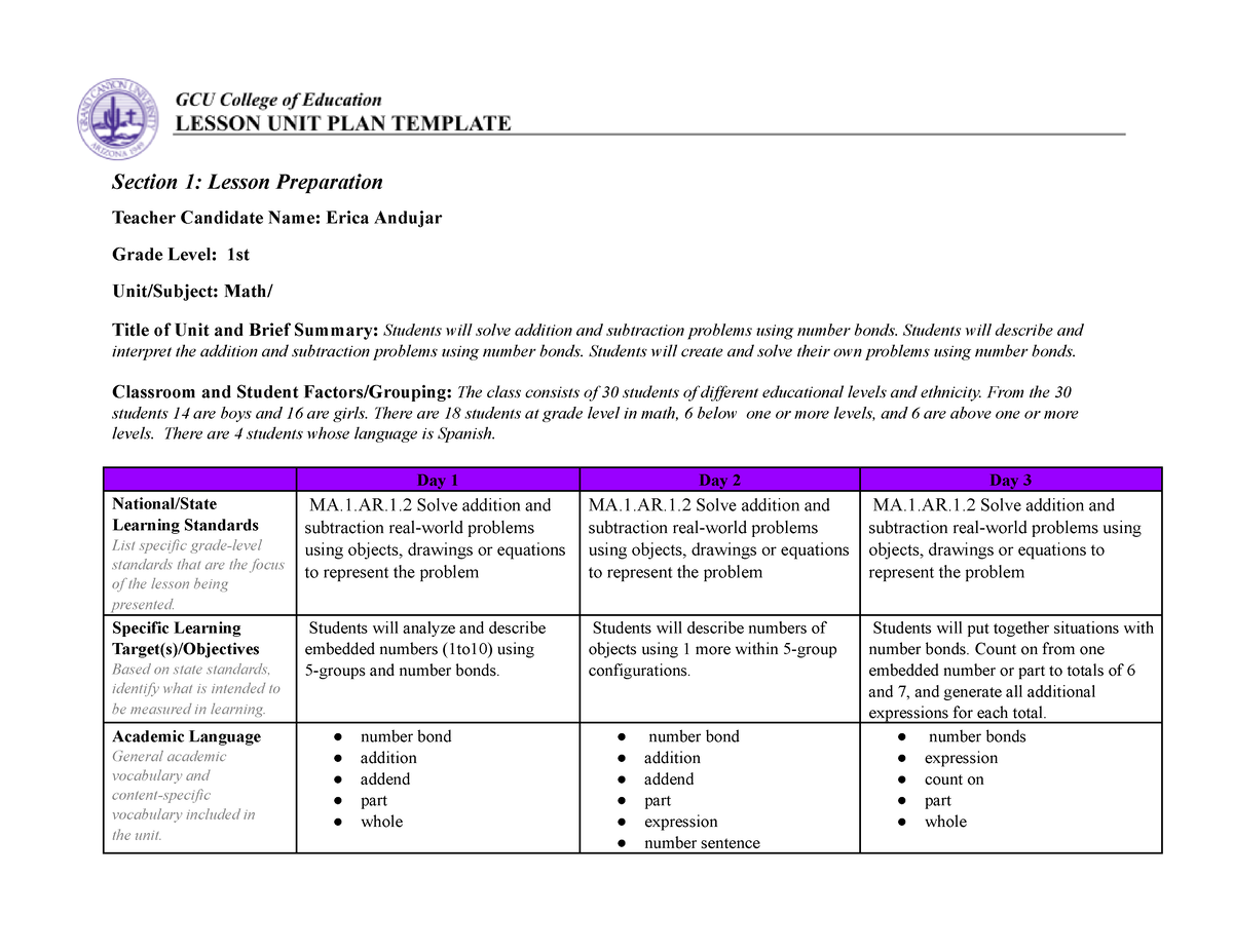 3-day unit plan template - Section 1: Lesson Preparation Teacher ...