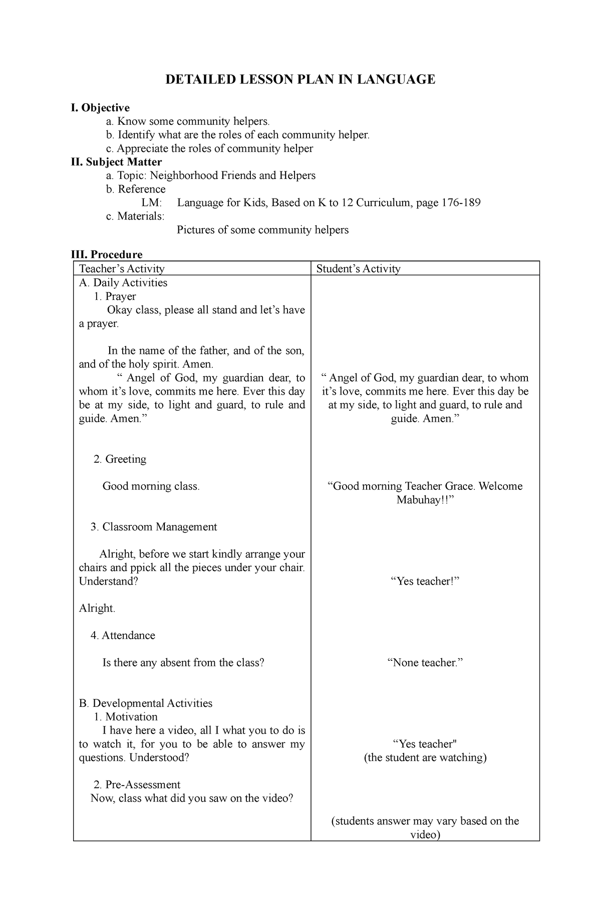 Detailed Lesson PLAN IN Language DETAILED LESSON PLAN IN LANGUAGE I 