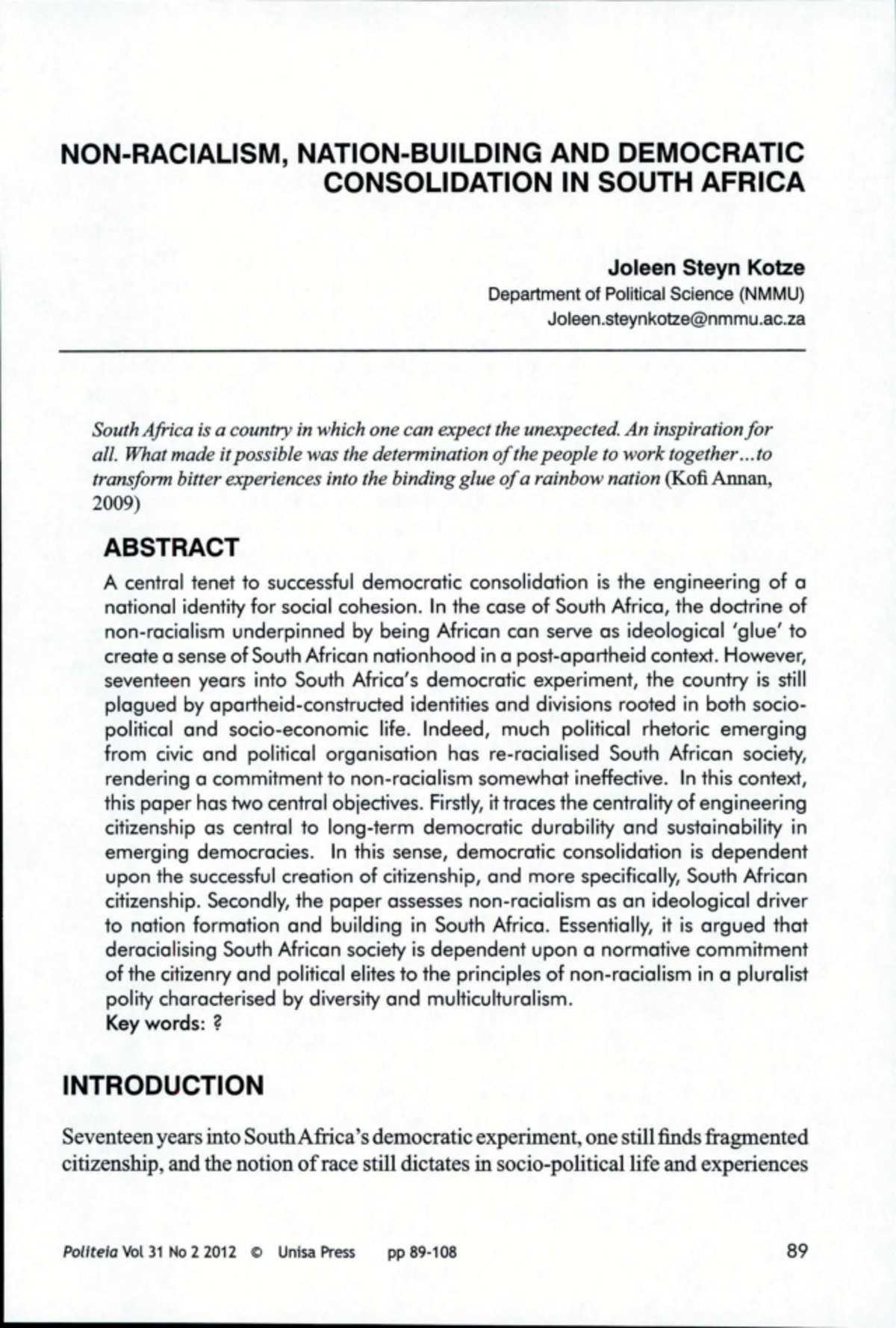 7- Kotze - Non-racialism - NON-RACIALISM, NATION-BUILDING AND ...