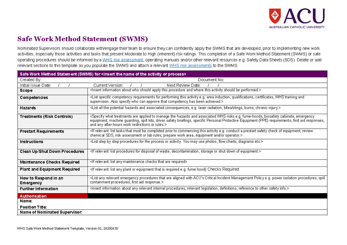 Safe Work Method Statement (SWMS) - Safe Work Method Statement (SWMS ...