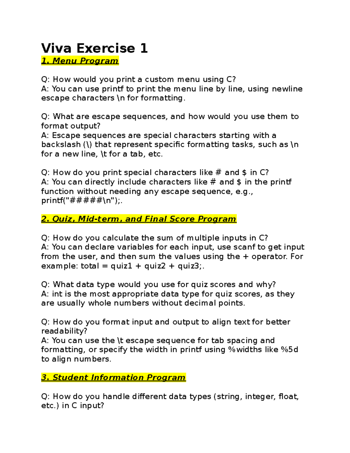 Viva Exercise 1 - Viva questions - Viva Exercise 1 Menu Program Q: How ...
