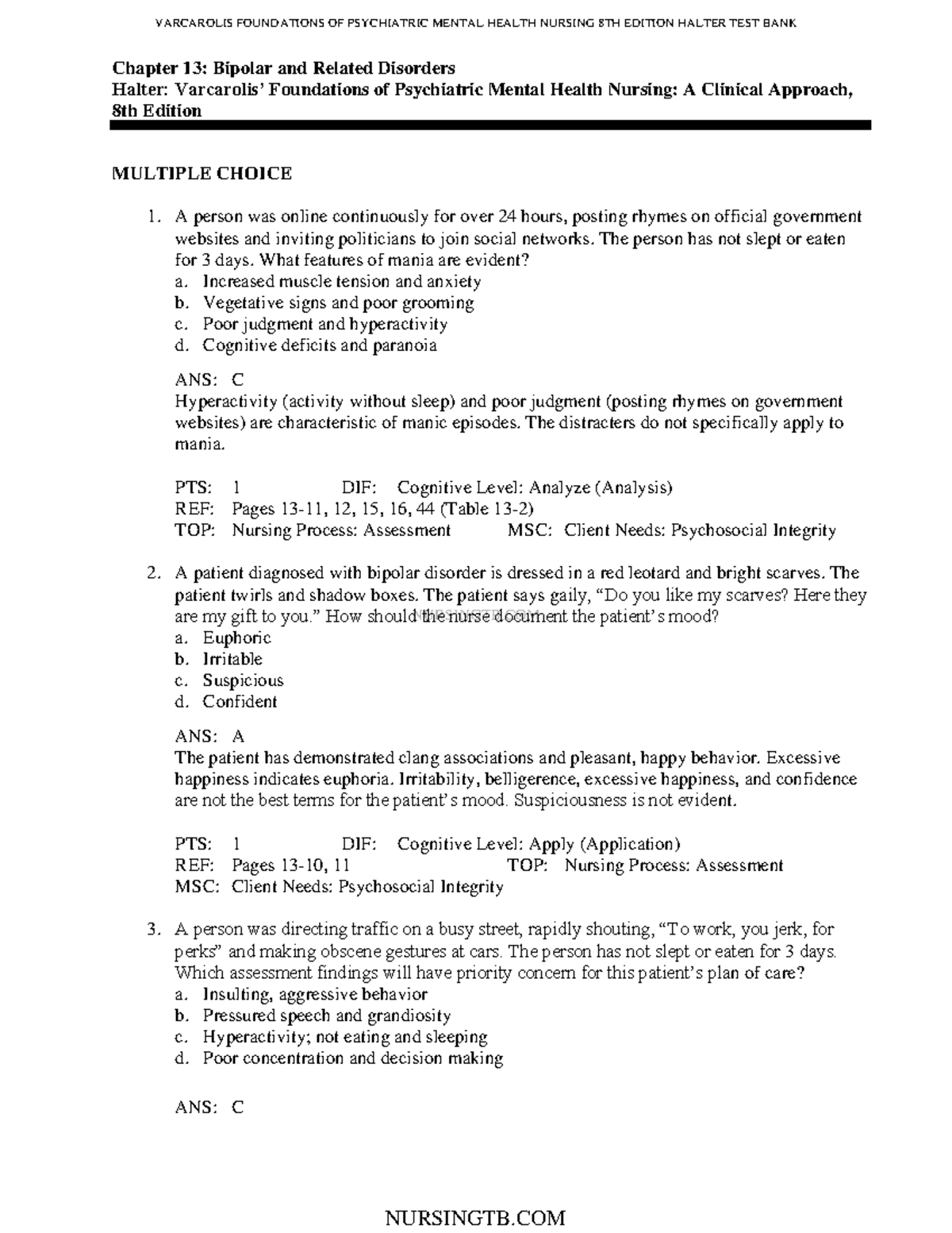 C13 - Test Questions - NURSINGTB Chapter 13: Bipolar And Related ...