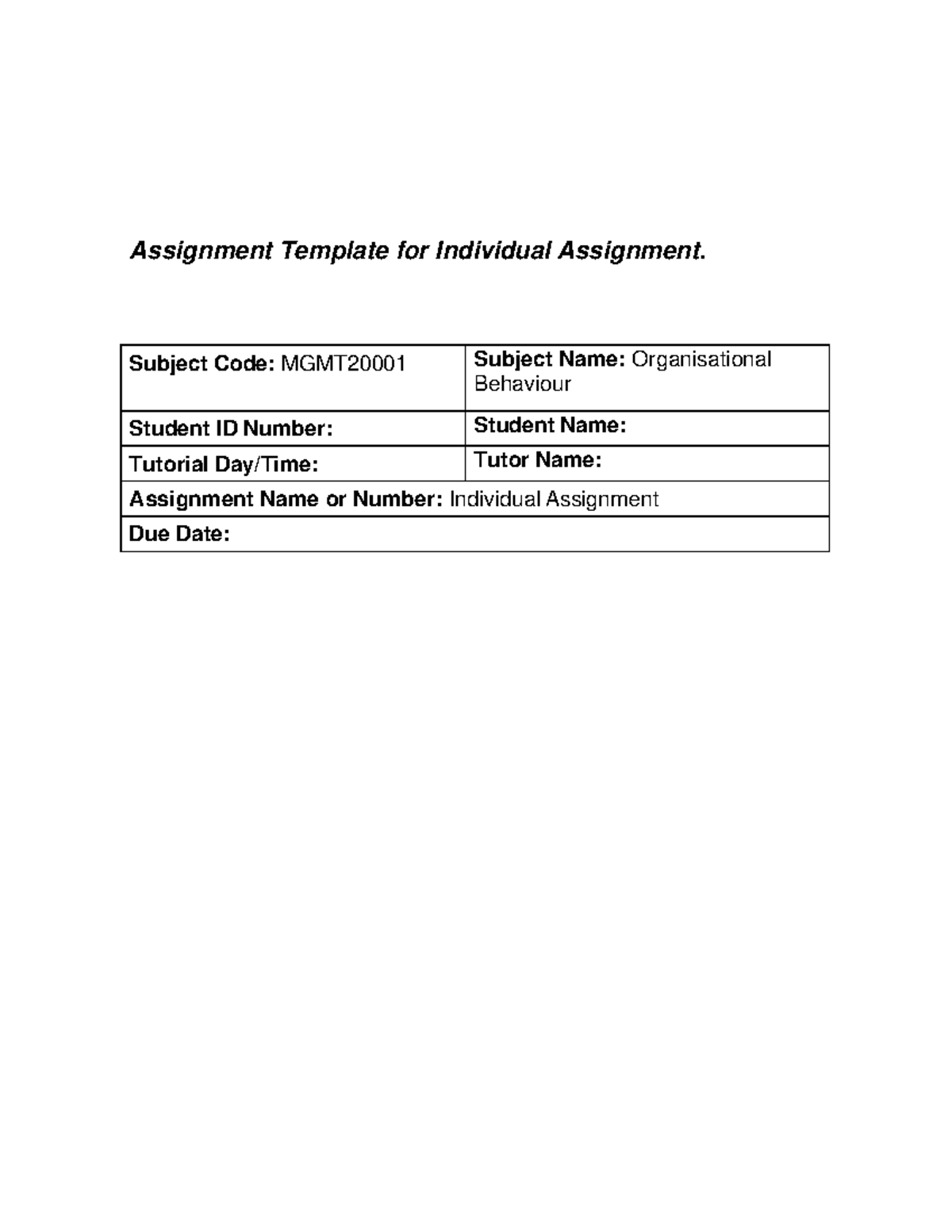 OB Individual Assignment - Subject Code: MGMT20001 Subject Name ...