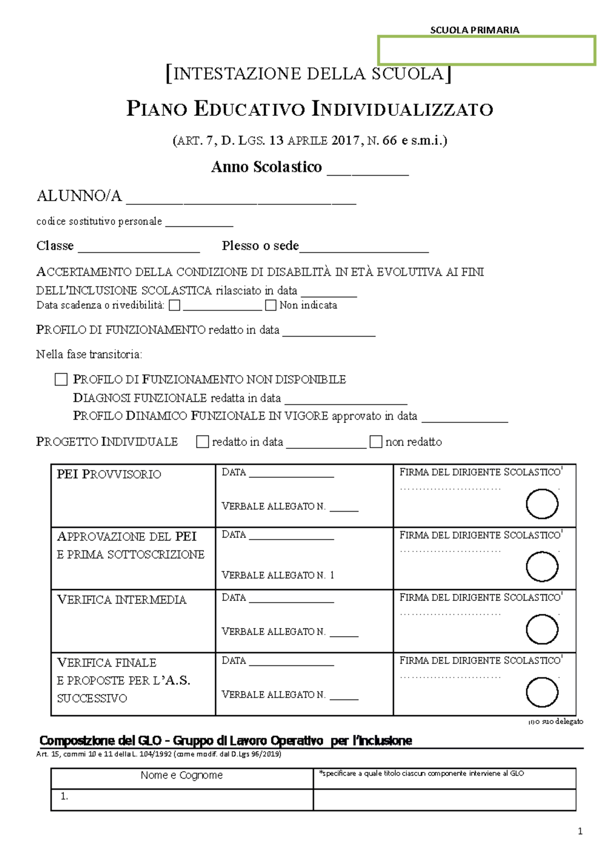 Allegato A2 PEI Primaria - [INTESTAZIONE DELLA SCUOLA] PIANO EDUCATIVO ...