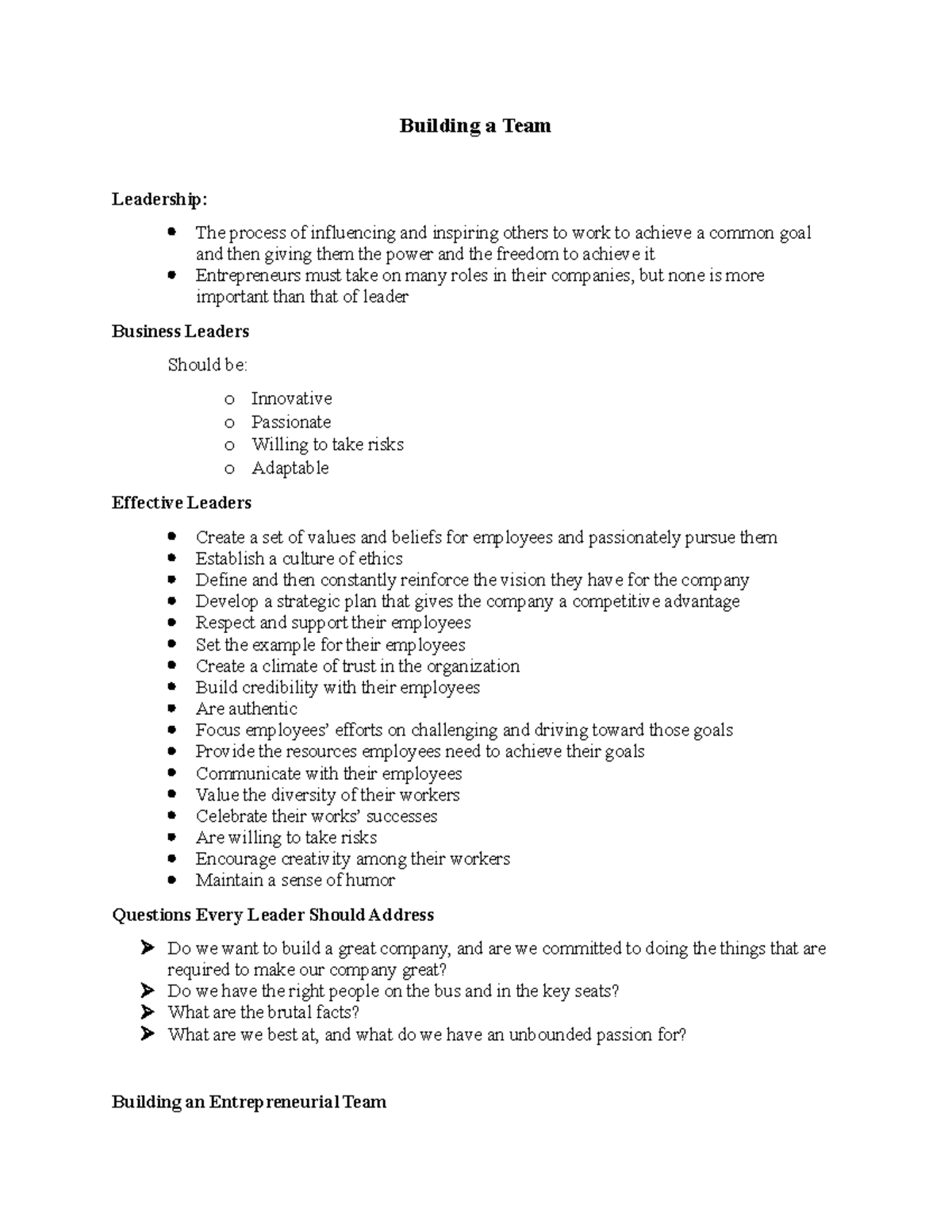 Building a Team - Lecture notes 2 - Building a Team Leadership: The ...