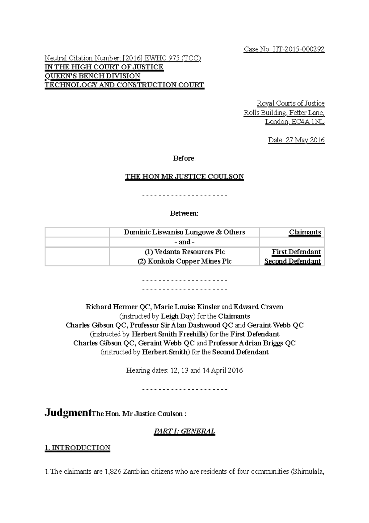 Vendanta - Case summary of vedanta - Case No: HT-2015- Neutral Citation ...