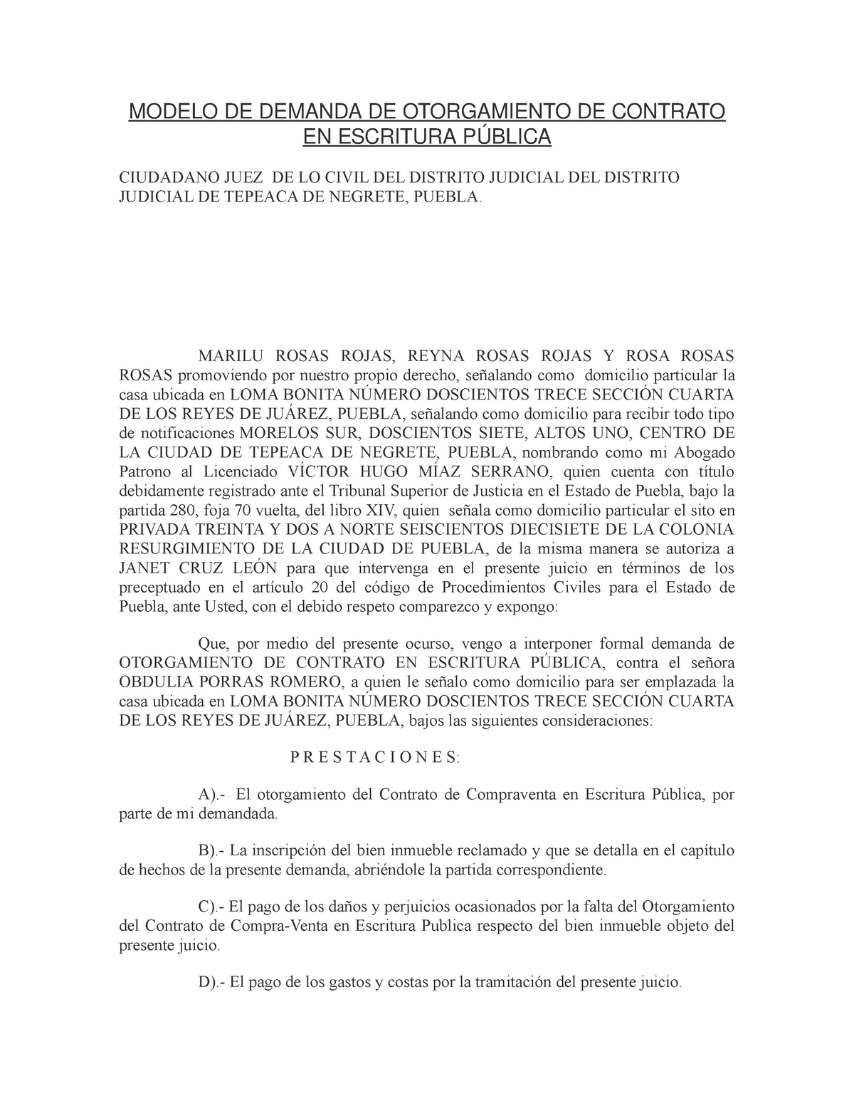 Modelo DE Demanda DE Otorgamiento DE Contrato EN Escritura Pública - MODELO  DE DEMANDA DE - Studocu