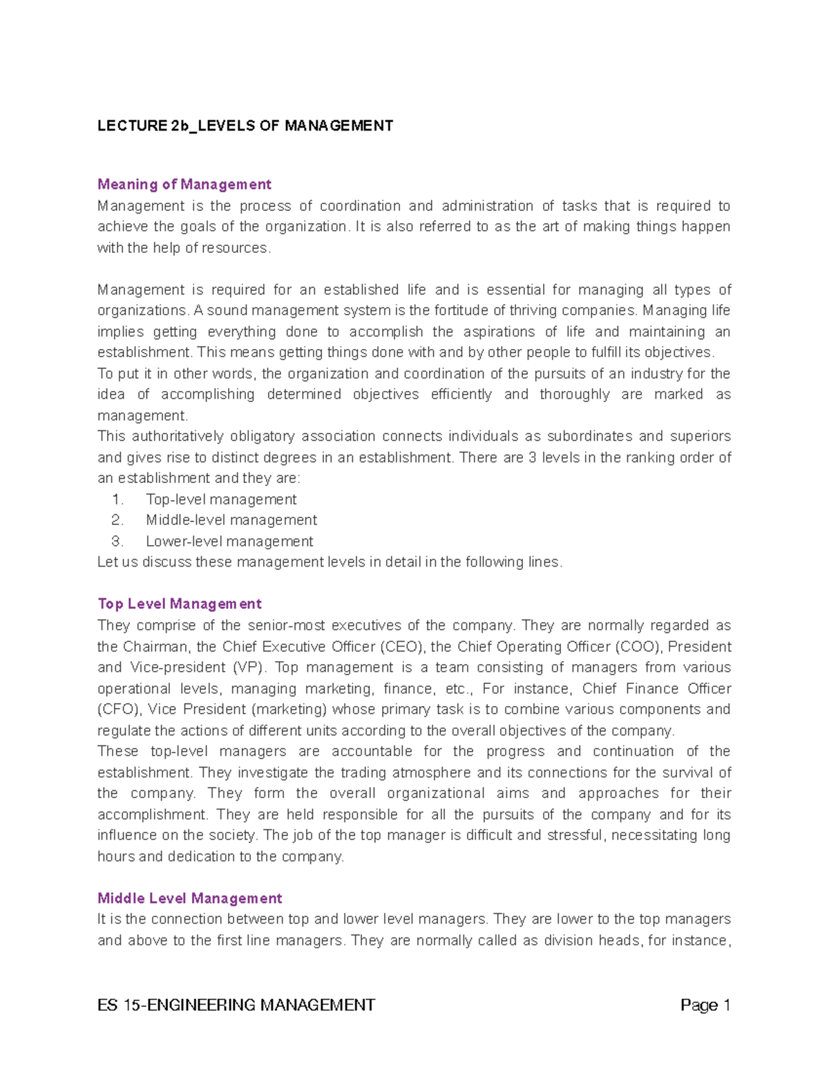 Lecture 2 - Levels of Management - LECTURE 2b_LEVELS OF MANAGEMENT ...