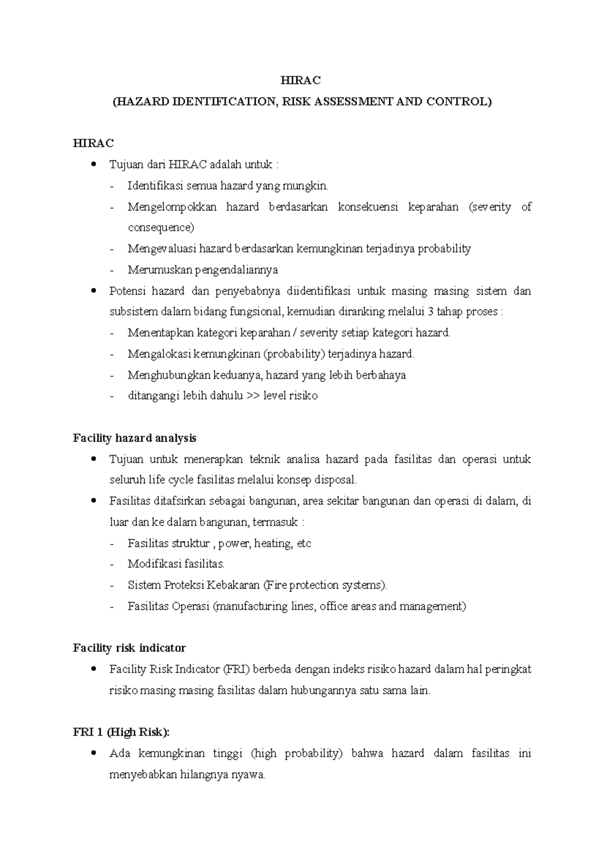 Teknik Industri Hirac - Hirac (hazard Identification, Risk Assessment 