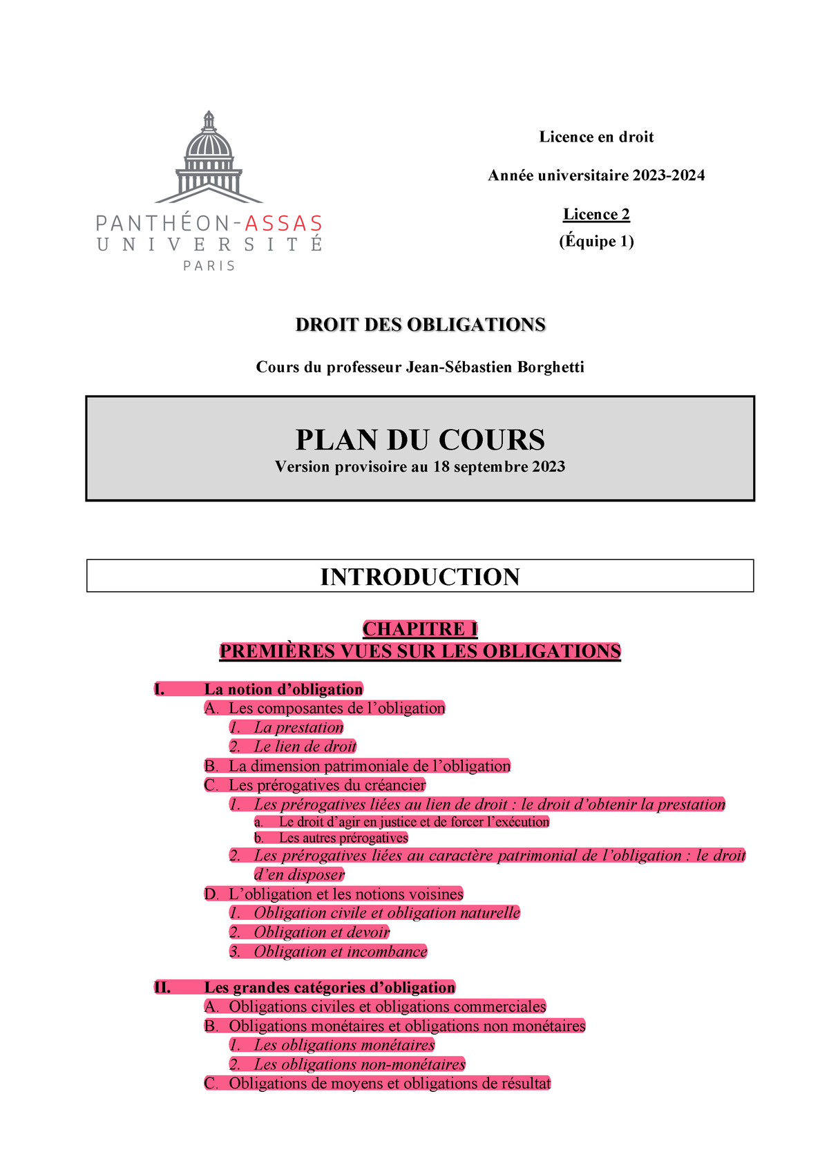 Plan Du Cours De Droit Des Obligations - M Borghetti - 2023-2024 ...