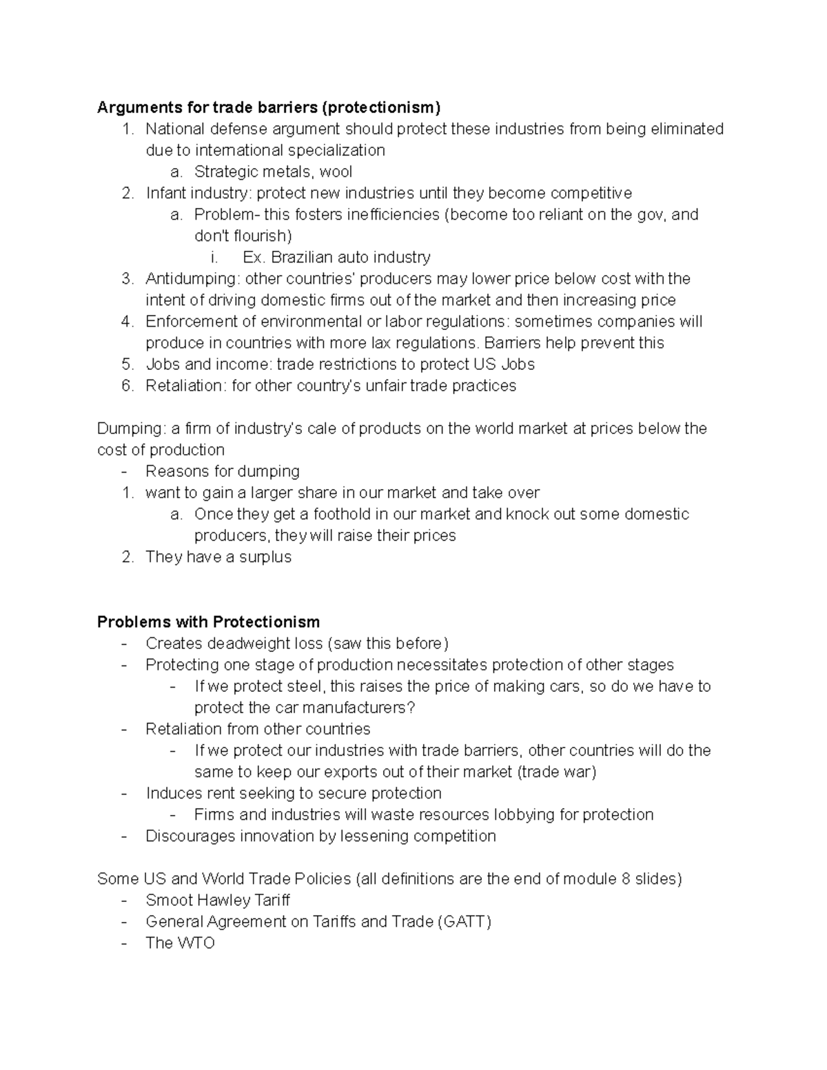 Econ Arguments for Trade Barriers - Arguments for trade barriers ...
