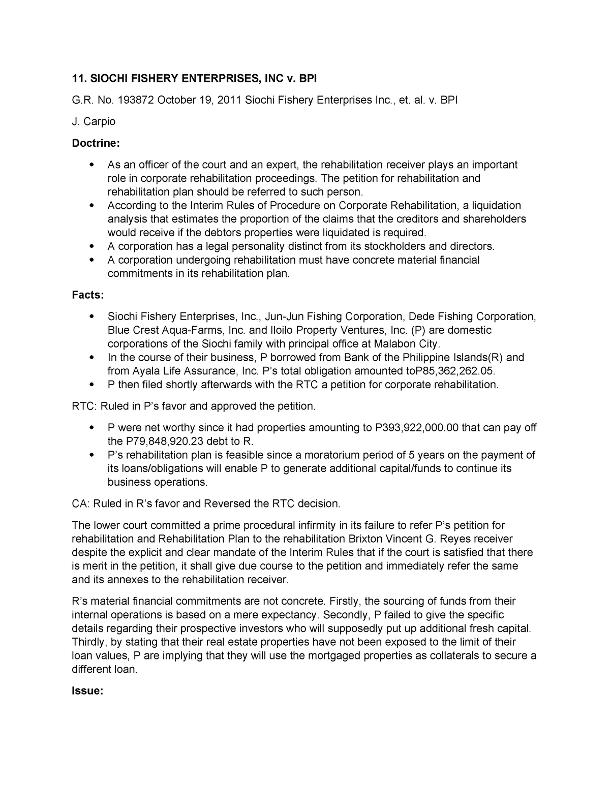 CORP Cases 11 15 Digest - SIOCHI FISHERY ENTERPRISES, INC v. BPI G. No ...