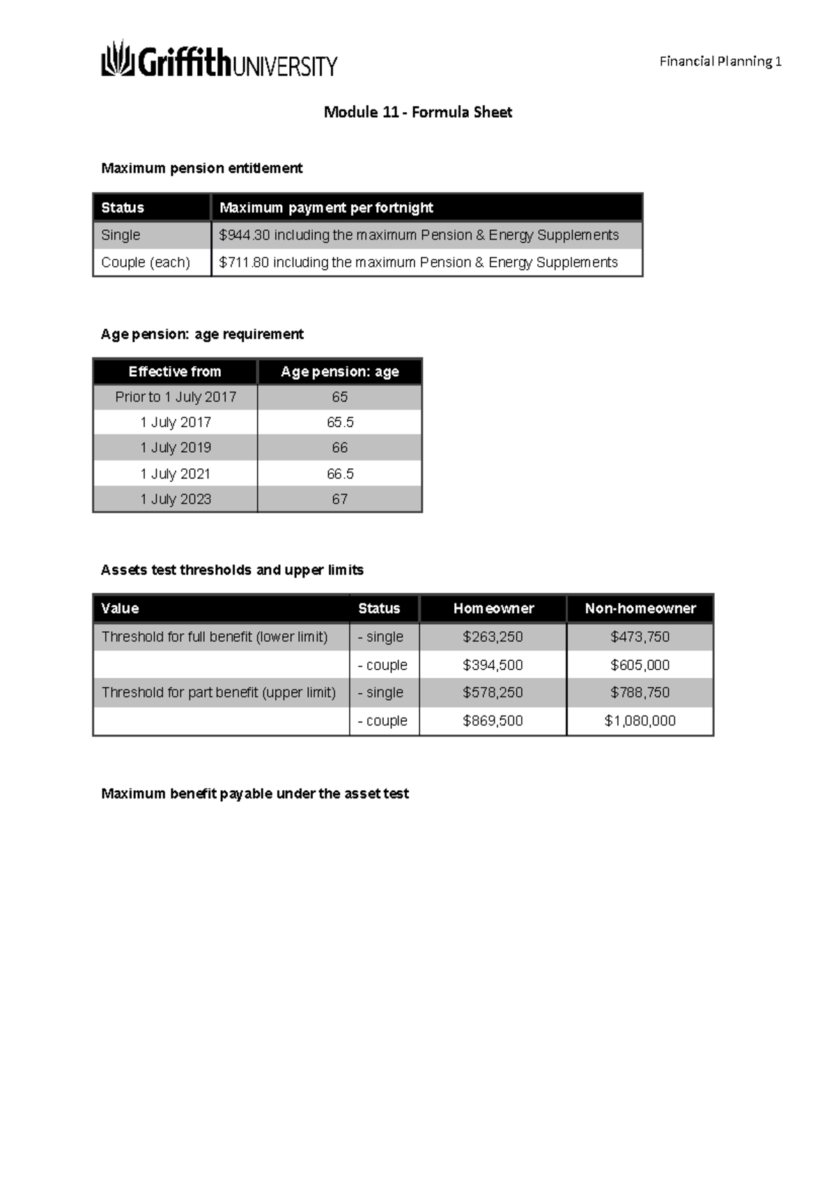 Module 11 (social security) - formula sheet - Module 11 - Formula Sheet ...