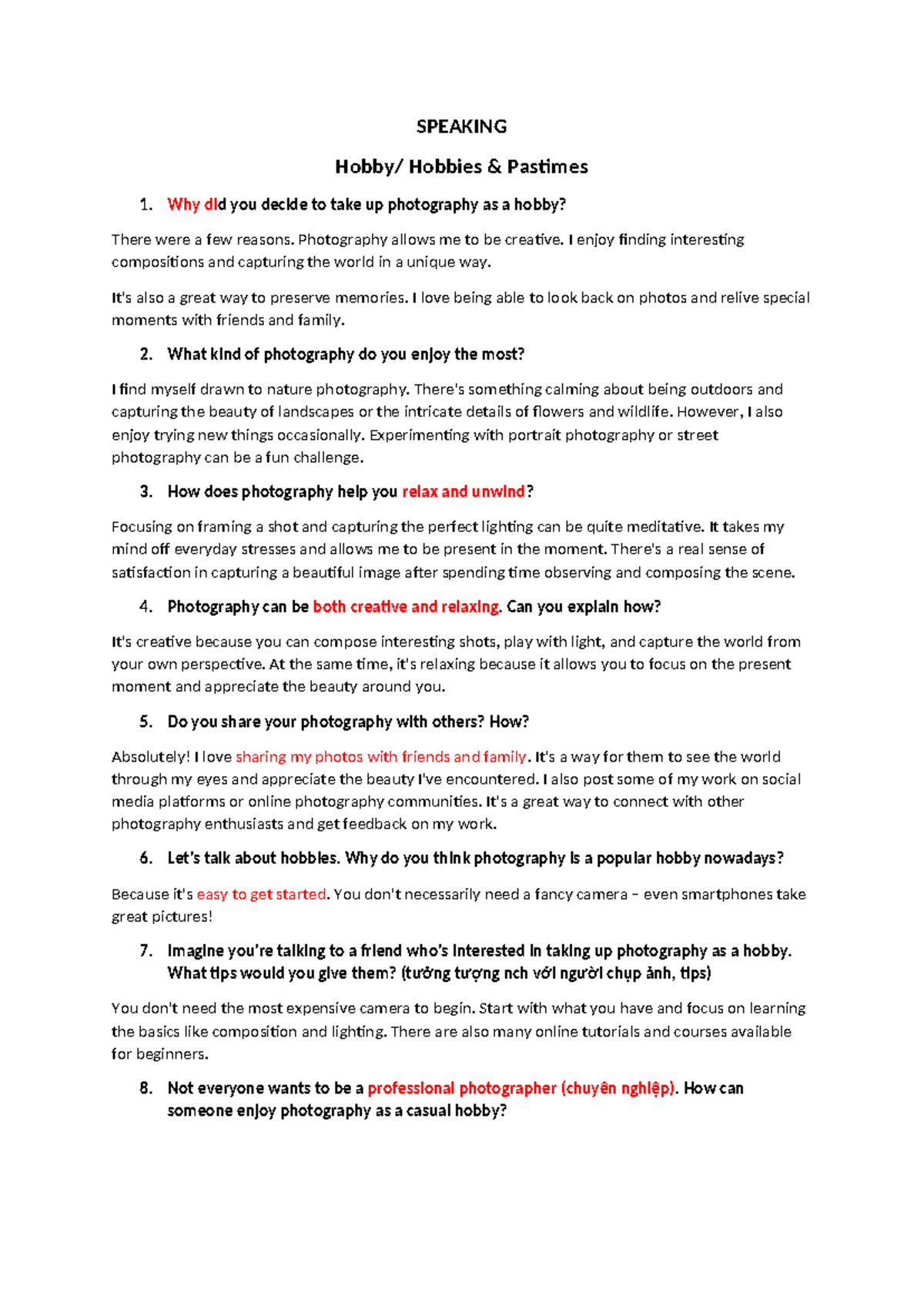 Speaking av5 - SPEAKING Hobby/ Hobbies & Pastimes Why did you decide to ...